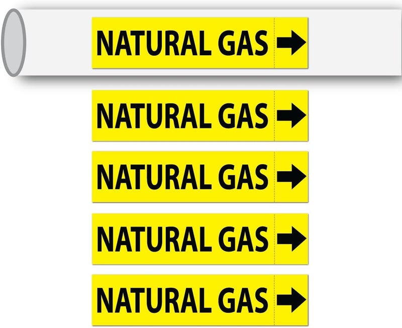 Wrapco (5 Pack) Natural Gas Pipe Labels Stickers with Arrows | Self Sticking 6mil PVC Natural Gas Pipe Markers for Pipes, Inspections, Detector, Regulator Heaters | 8.5 x 2 inch - Image 1